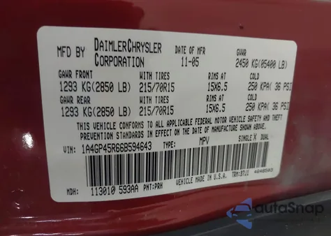 2006 Chrysler Town & Country z USA, uszkodzony, nr VIN 1A4GP45R66B594643